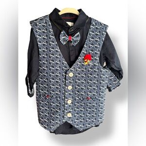 Stylish Blue Button-Up Outfit w/ Patterned Vest, Adjustable Bowtie, Pin (Kids 6)